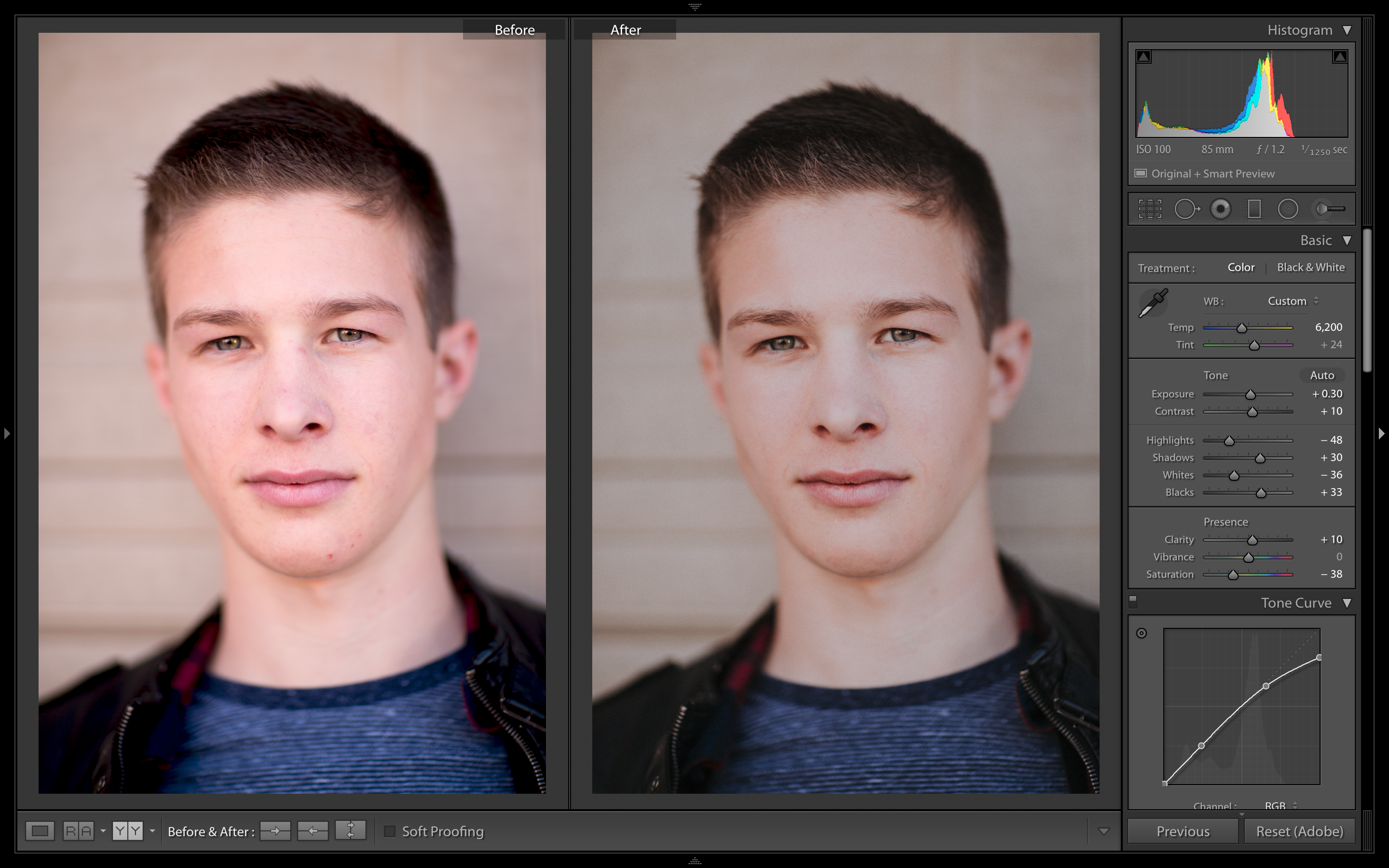 a before and after image in lightroom of how to retouch images