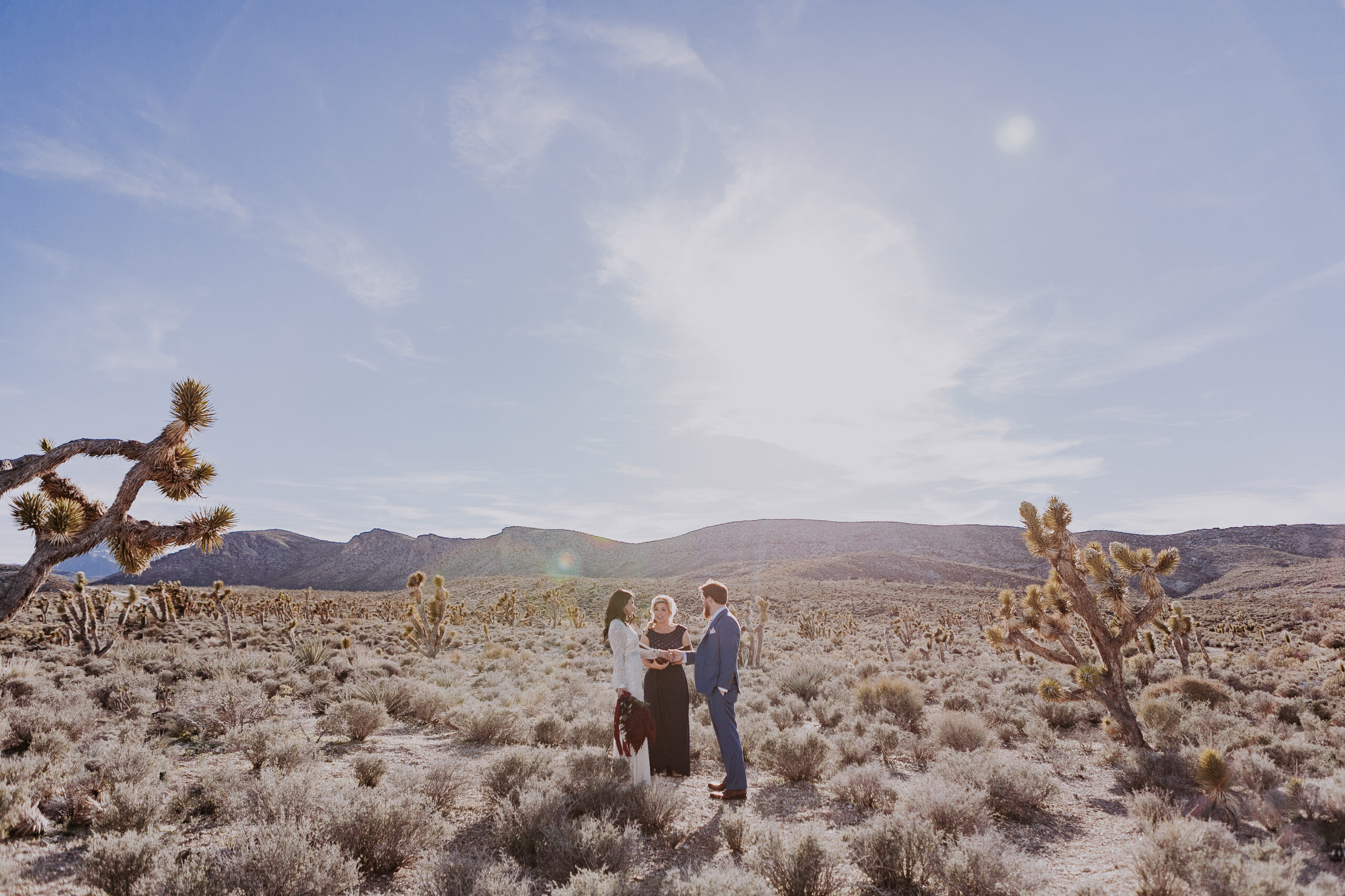 A bride and groom stand in the desert with their officiant surrounded by Joshua trees, during their desert elopement ceremony.